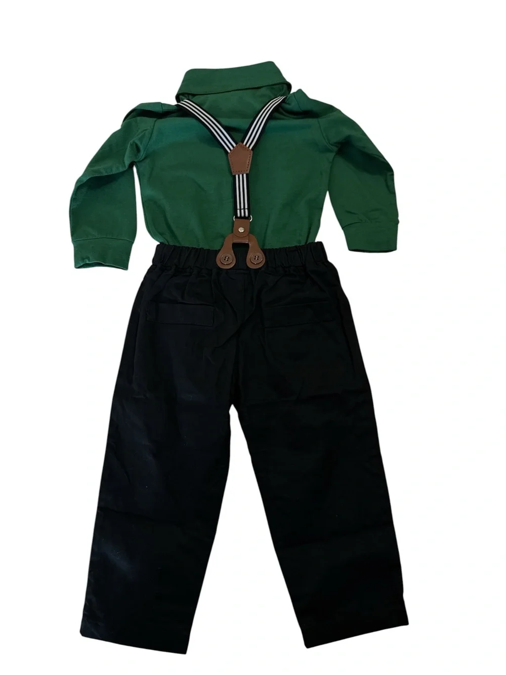 Kids Green Button-Down Shirt with Black Pants & Suspenders Set